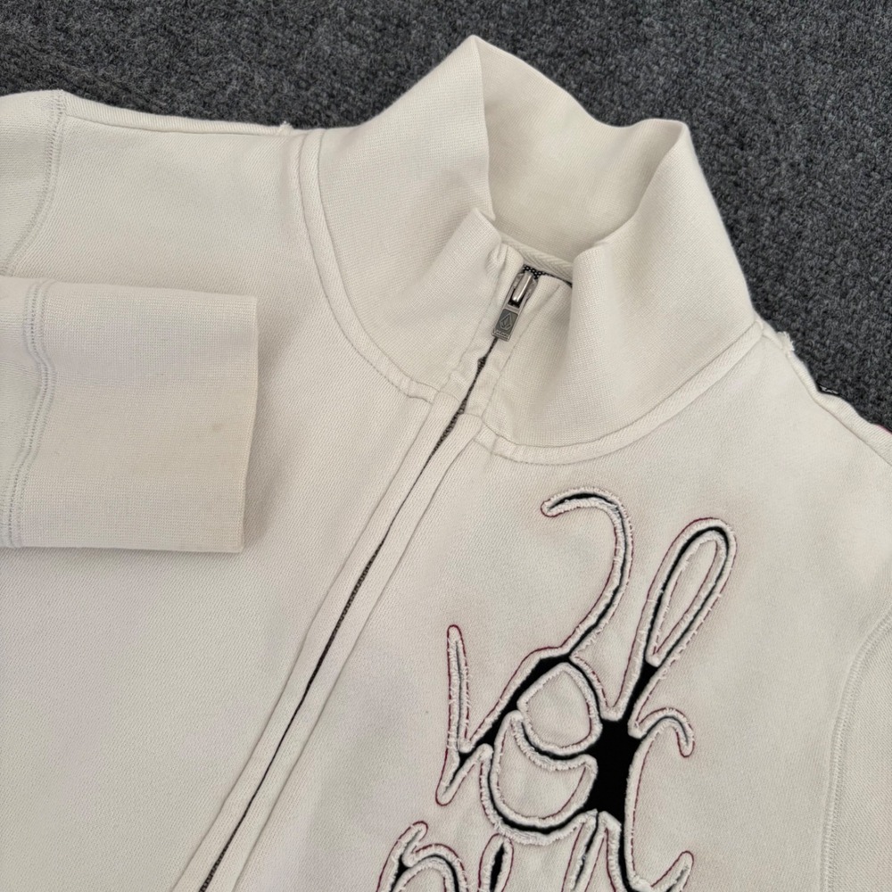 Volcom Stone Scripted Slim Fit Mock Neck Fleece Jacket Cream Off-White Large Y2K